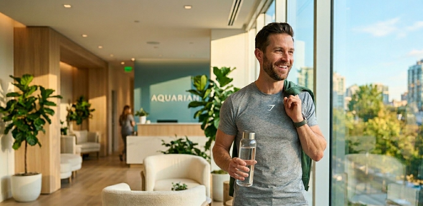Man feeling his best in the Aquarian Health lobby