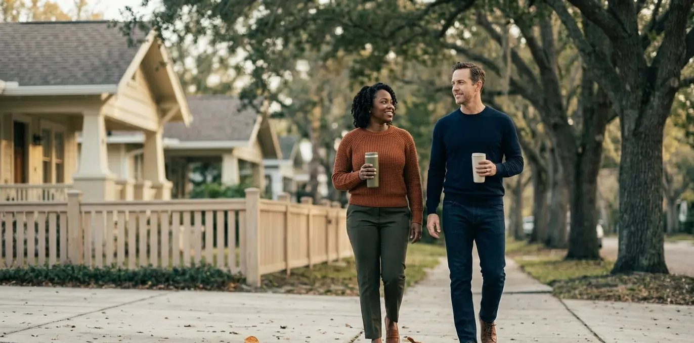 Couple walking through their neighborhood after a GLP-1 weight loss program